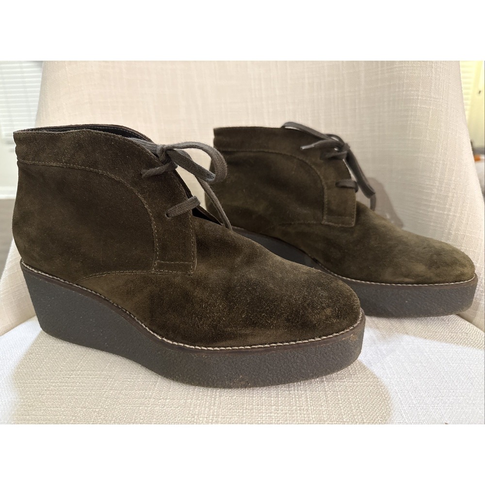 Aquatalia Women Ankle Booties Boots Wedge Heel Hunter Green Suede Lace-Up sz 8.5